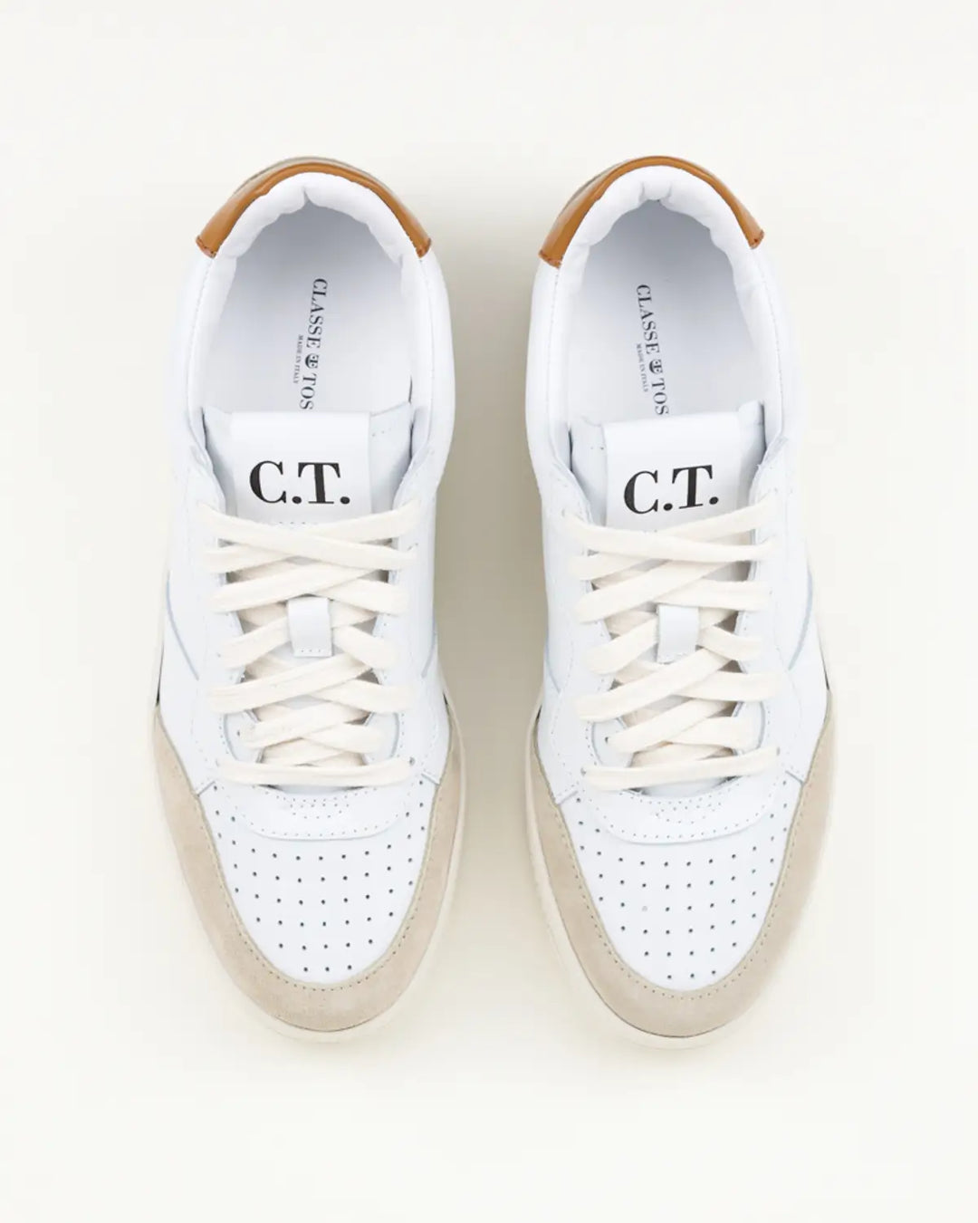 SNEAKERS PAOLO TOMAIA BIANCA, INSERTI CROSTA E PELLE COLOR COGNAC