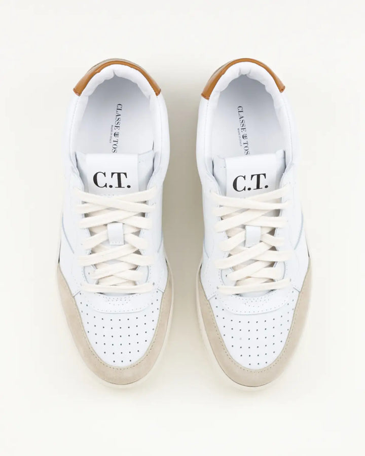 SNEAKERS PAOLO TOMAIA BIANCA, INSERTI CROSTA E PELLE COLOR COGNAC